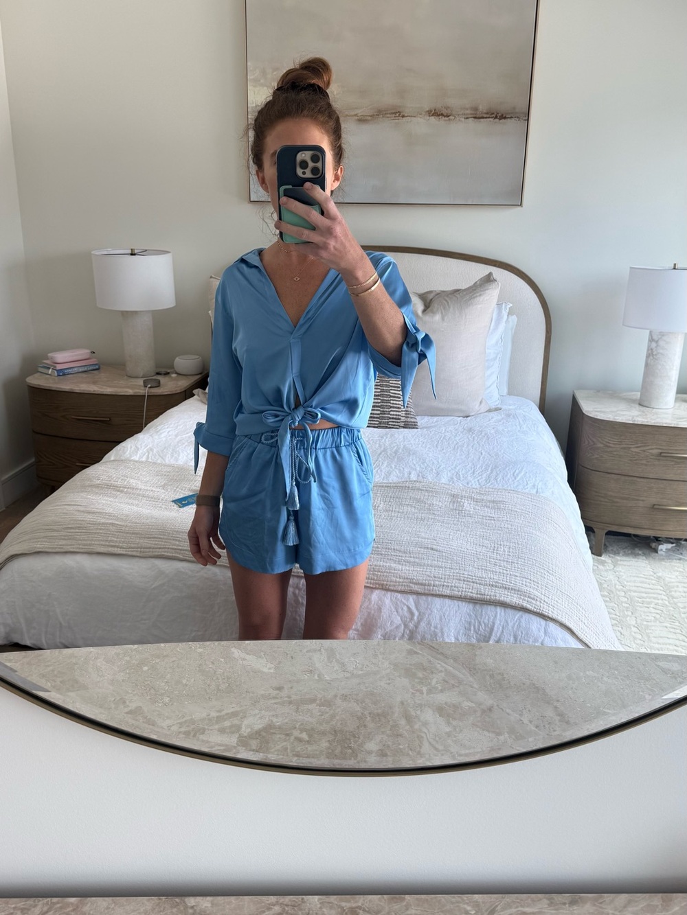 Light Blue Tie-Front top and shorts. Sold as a set.
